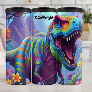 Regenboog gestreepte T-Rex die in de jungle brult Thermosbeker