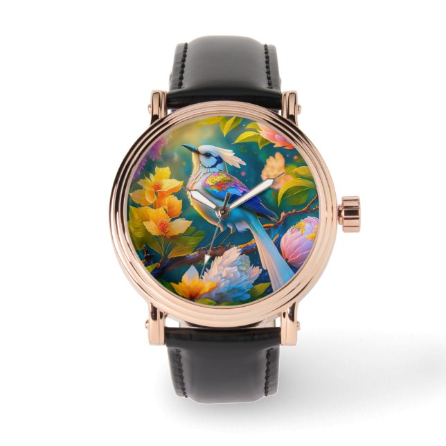 Regenboog gevleugelde Jay Fantasy Bird Horloge (Voorkant)