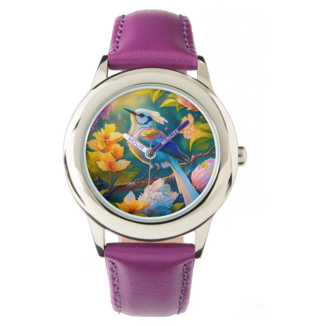 Regenboog gevleugelde Jay Fantasy Bird Horloge (Voorkant)