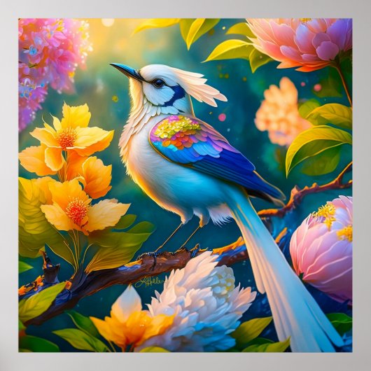 Regenboog gevleugelde Jay Fantasy Bird Poster (Voorkant)