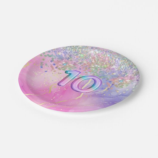 Regenboog Glitter 10e Verjaardagsfeestje Papieren Bordje (Gekanteld)