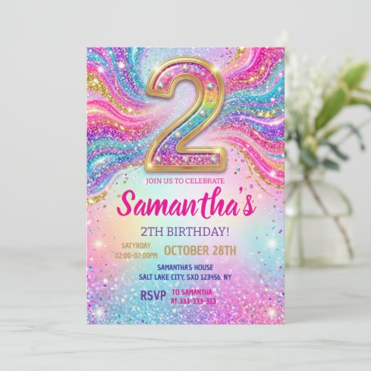 Regenboog Glitter 2de Verjaardagsfeestje Kaart (Staand voorkant)