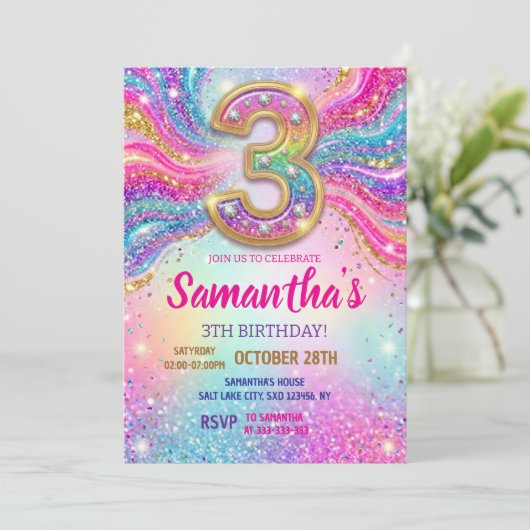 Regenboog Glitter 3de Verjaardagsfeestje Kaart (Staand voorkant)