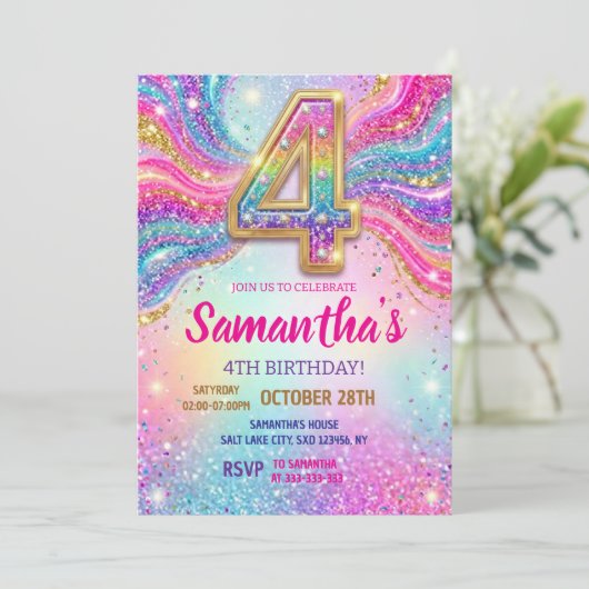 Regenboog Glitter 4e Verjaardagsfeestje Kaart (Staand voorkant)