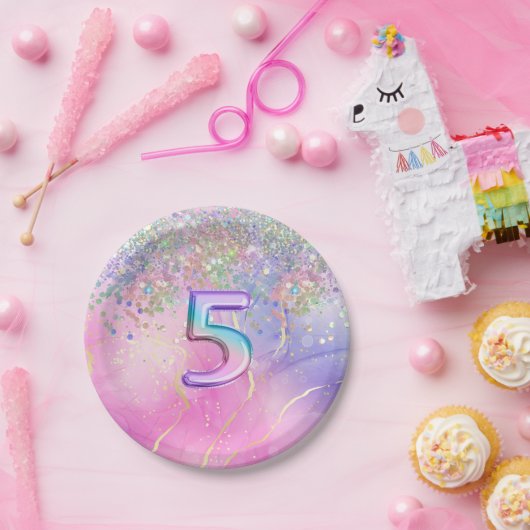 Regenboog Glitter 5e Verjaardagsfeestje Papieren Bordje (Feest)