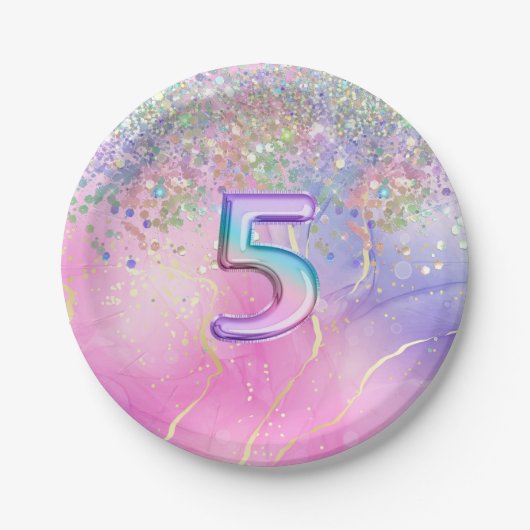 Regenboog Glitter 5e Verjaardagsfeestje Papieren Bordje (Voorkant)