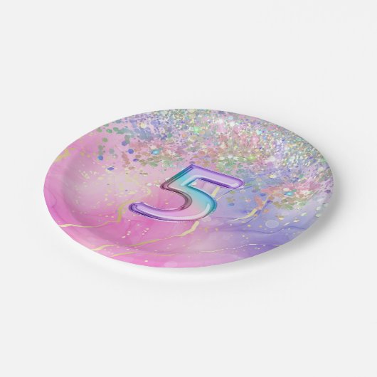 Regenboog Glitter 5e Verjaardagsfeestje Papieren Bordje (Gekanteld)