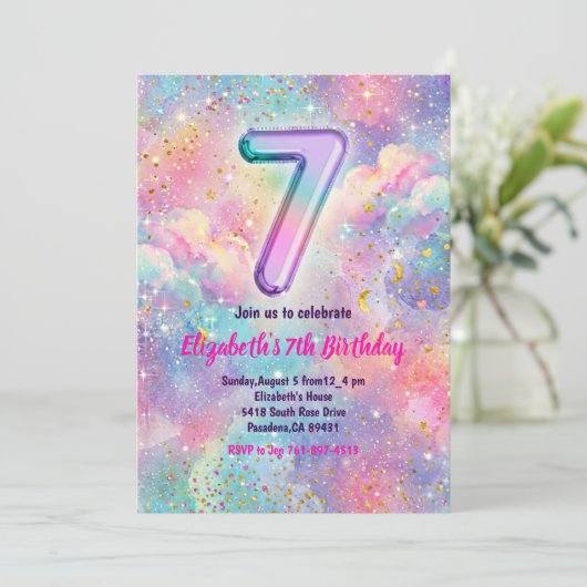 Regenboog Glitter 7e Verjaardagsfeestje Kaart (Staand voorkant)