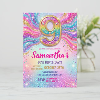 Regenboog Glitter 9e Verjaardagsfeestje  Kaart