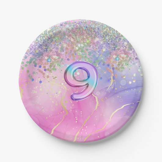 Regenboog Glitter 9e Verjaardagsfeestje Papieren Bordje (Voorkant)