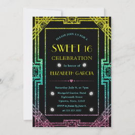 Regenboog Glitter Art Deco Vintage Frame Sweet 16 Kaart