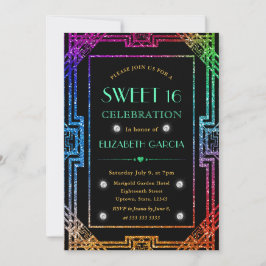 Regenboog Glitter Art Deco Vintage Lijst Sweet 16 Kaart