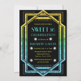 Regenboog Glitter Art Deco Vintage Lijst Sweet 16 Kaart