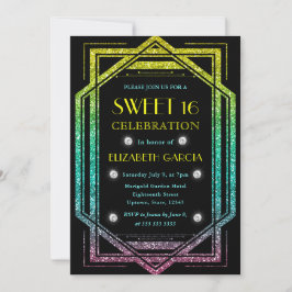 Regenboog Glitter Art Deco Vintage Lijst Sweet 16 Kaart