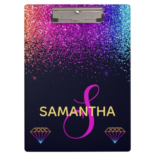 Regenboog Glitter & Diamanten Monogram Klembord (Voorkant)