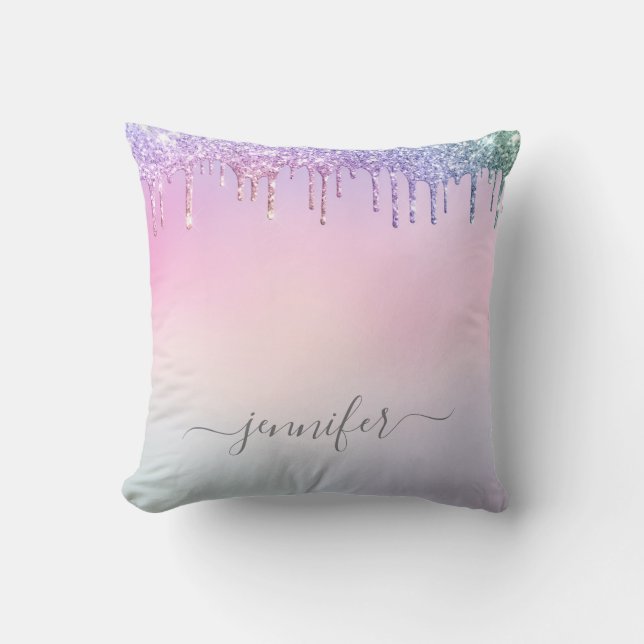 Regenboog Glitter Dripend Glam Met Monogram Kussen (Voorkant)