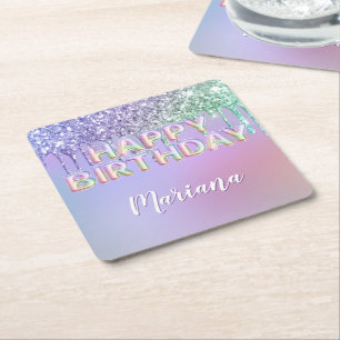 Regenboog Glitter Drips Meisje Verjaardagsfeestje Kartonnen Onderzetters