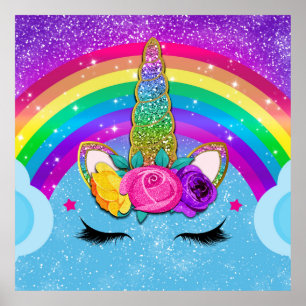 Regenboog Glitter Eenhoorn Hoorn Gezicht Feestje Poster