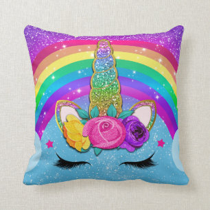 Regenboog Glitter Eenhoorn Hoorn Gezicht Kussen
