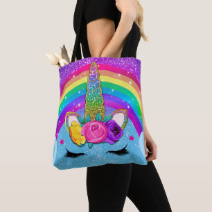 Regenboog Glitter Eenhoorn Hoorn Gezicht Meisjes Tote Bag