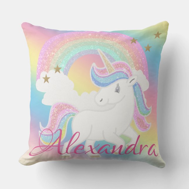 Regenboog Glitter Eenhoorn met Aangepaste Naam Kussen (Voorkant)
