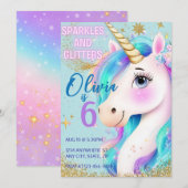Regenboog Glitter Eenhoorn Uitnodiging Voor Meisje (Voorkant / Achterkant)