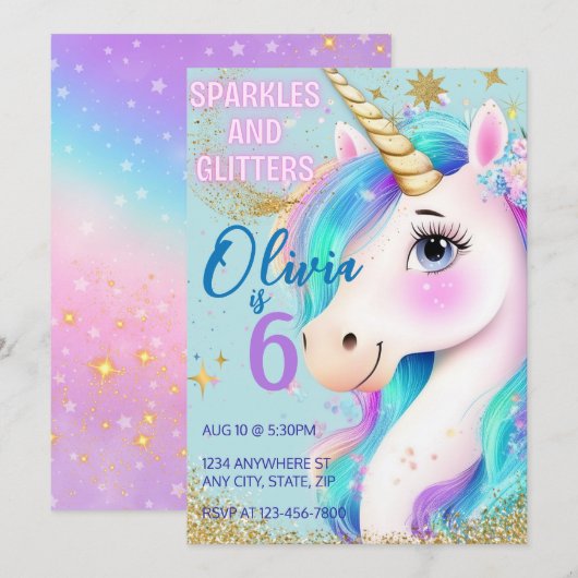 Regenboog Glitter Eenhoorn Uitnodiging Voor Meisje (Voorkant / Achterkant)
