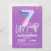 Regenboog Glitter Meisje 7e Verjaardag Ballon Neon Kaart (Voorkant)