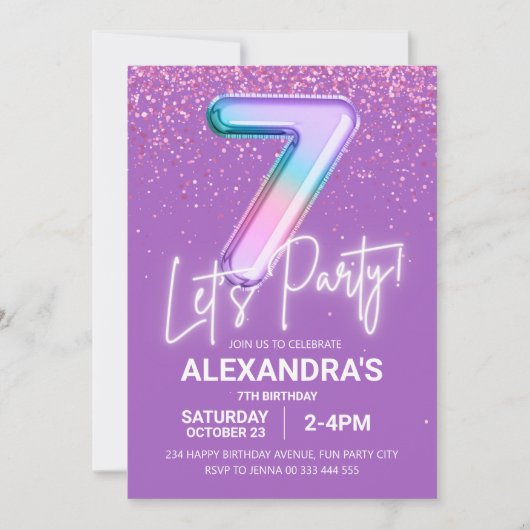 Regenboog Glitter Meisje 7e Verjaardag Ballon Neon Kaart (Voorkant)