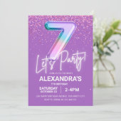 Regenboog Glitter Meisje 7e Verjaardag Ballon Neon Kaart (Staand voorkant)