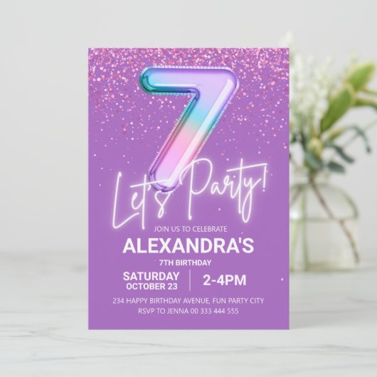 Regenboog Glitter Meisje 7e Verjaardag Ballon Neon Kaart (Staand voorkant)