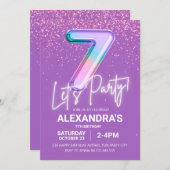 Regenboog Glitter Meisje 7e Verjaardag Ballon Neon Kaart (Voorkant / Achterkant)