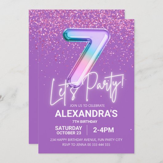 Regenboog Glitter Meisje 7e Verjaardag Ballon Neon Kaart (Voorkant / Achterkant)