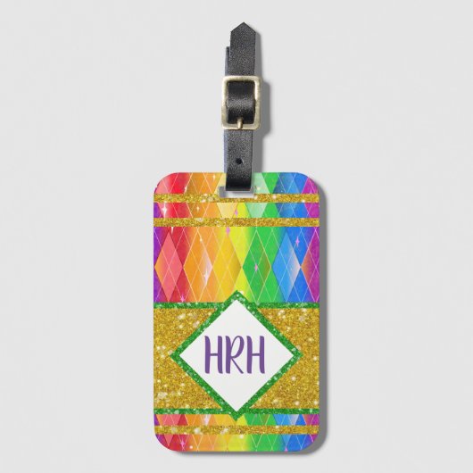 Regenboog Glitter Monogram Pride Argyle Diamant Bagagelabel (Voorkant (verticaal))