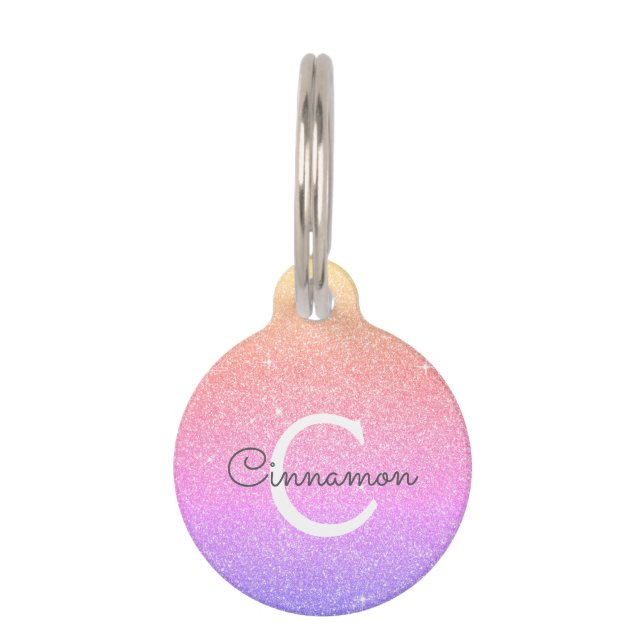Regenboog Glitter & Sparkle Monogram Naam Huisdierpenning (Voorkant)