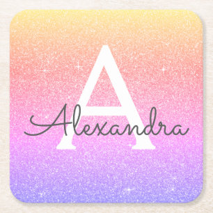 Regenboog Glitter & Sparkle Monogram Verjaardag Kartonnen Onderzetters