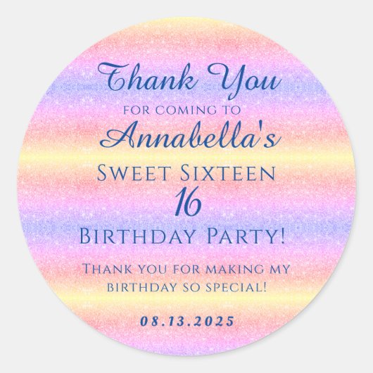 Regenboog Glitter Sweet 16 Zestien Dank u Ronde Sticker (Voorkant)