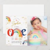 Regenboog Goud Aquarel 1e Verjaardag Uitnodiging (Voorkant / Achterkant)