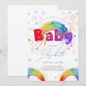 Regenboog Goud Aquarel Baby shower Invitation Kaart (Voorkant / Achterkant)