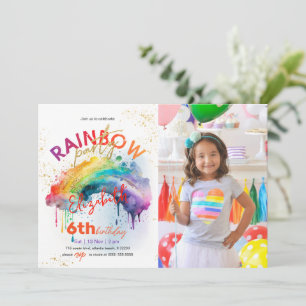Regenboog Goud Aquarel Foto Verjaardag Uitnodiging