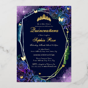 Regenboog Gouden Vlinder Bloemen Quinceanera Folie Uitnodiging