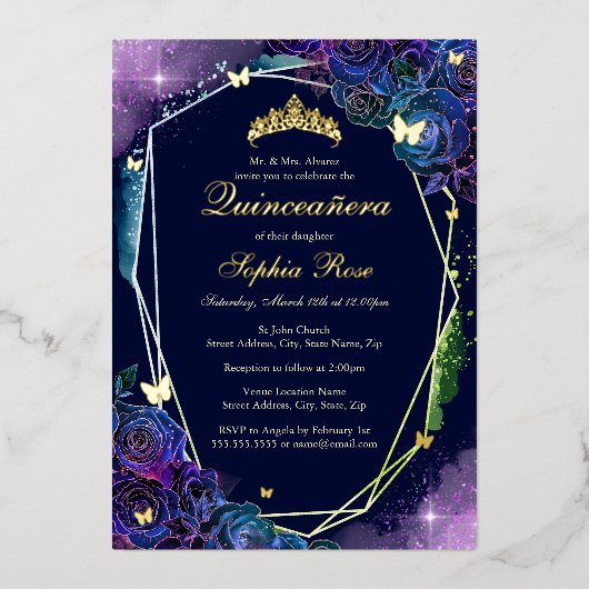 Regenboog Gouden Vlinder Bloemen Quinceanera Folie Uitnodiging (Voorkant)