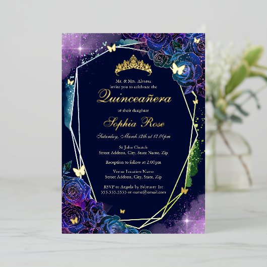 Regenboog Gouden Vlinder Bloemen Quinceanera Folie Uitnodiging (Staand Voorkant)
