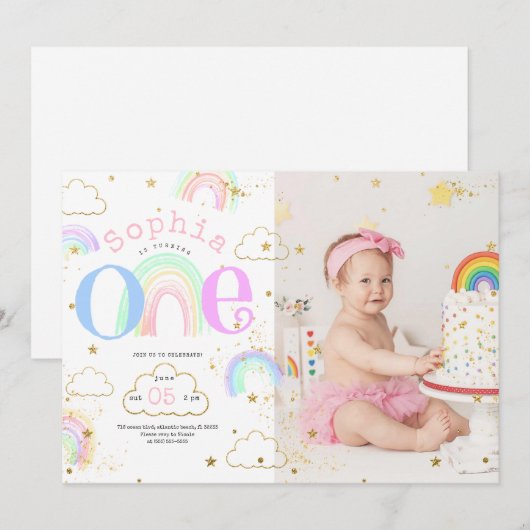 Regenboog gouden wolken 1e verjaardag foto uitnodi kaart (Voorkant / Achterkant)