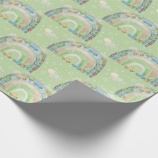 Regenboog groen en blauw met auto's straatnaambord cadeaupapier (Hoek)