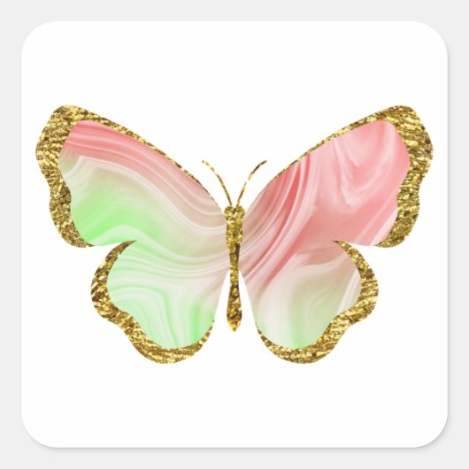 Regenboog groen rood met gouden glitter vlinder vierkante sticker (Voorkant)
