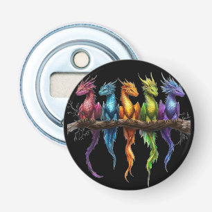 Regenboog groep baby draken op zwart button flesopener