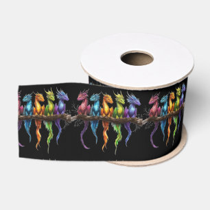 Regenboog groep baby draken op zwart grosgrain lint