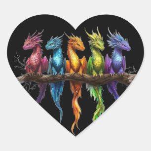 Regenboog groep baby draken op zwart hart sticker