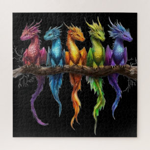Regenboog groep baby draken op zwart legpuzzel